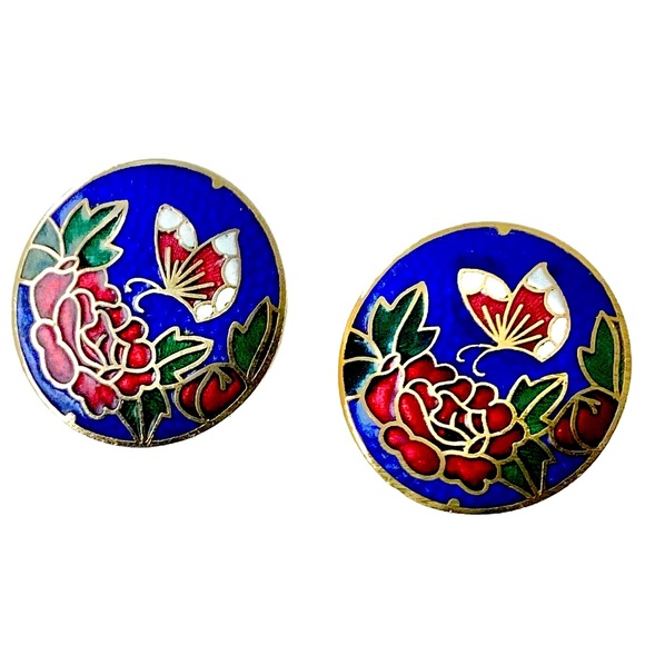 Vintage Jewelry - 1980s Blue Enamel Round Earrings, 1 in, Cloisonné Champleve, Butterfly Flower